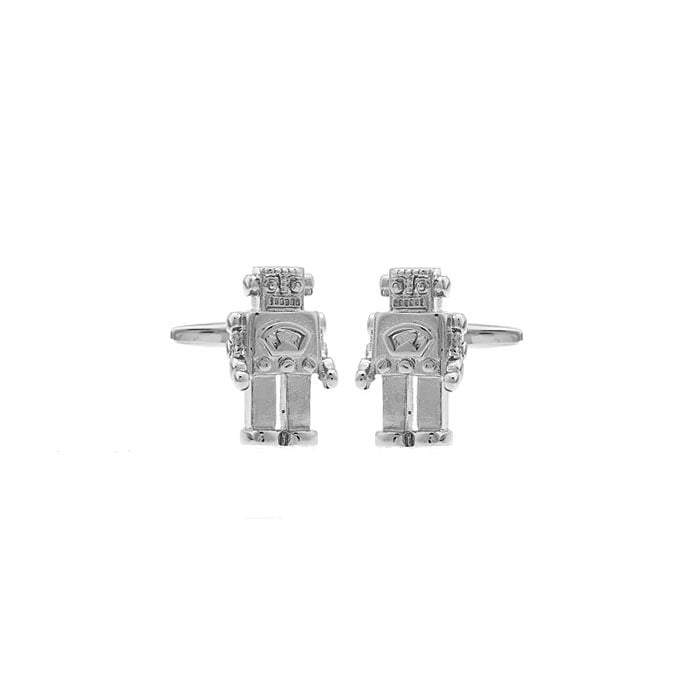 Retro 1950s Robot Cufflinks Silver Enamel Arms Head and Legs Cool Fun Unique Cuff Link Comes with Gift Box White Image 2