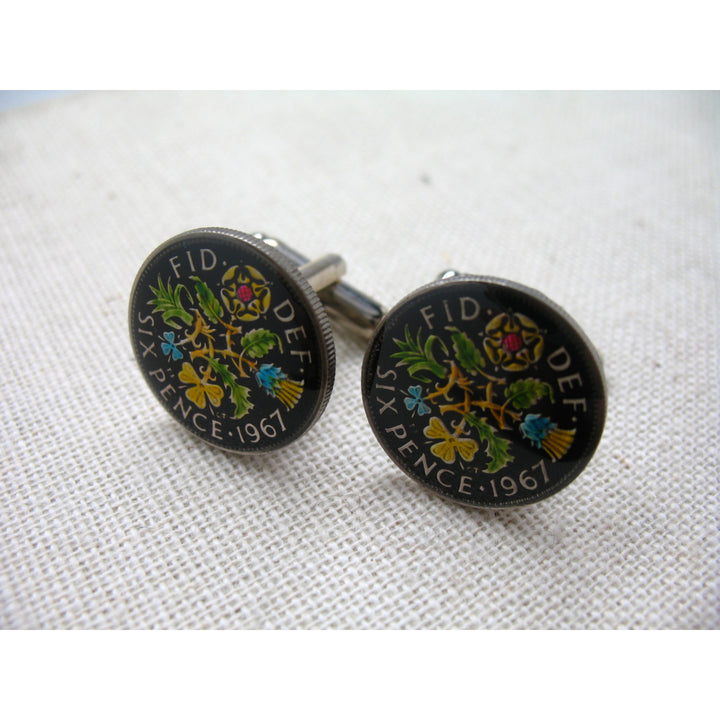 Enamel Cufflinks Hand Painted Coin British Enamel Coin Jewelry England English Cuff Links Pence Birmingham London Leeds Image 2