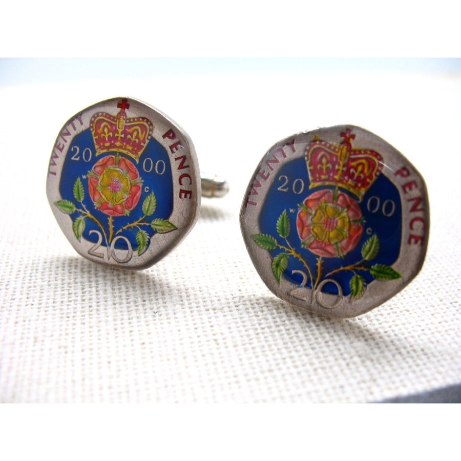 Enamel Cufflinks Hand Painted British Twenty Pense Enamel Coin Jewelry England Royal Cuff Links Birmingham London Leeds Image 1