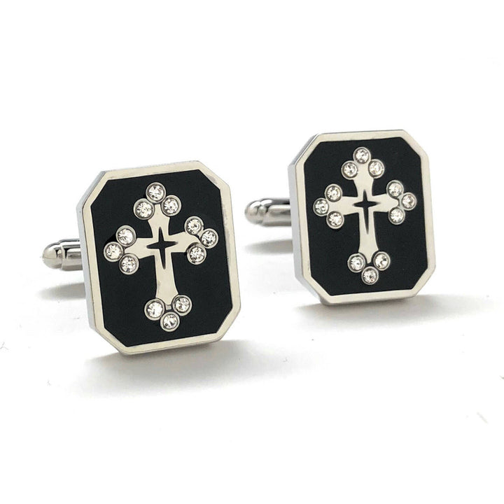 Black Enamel Crystal Cross Cufflinks Orthodox Religion Christian Symbols Cuff Links Comes with Gift Box Image 1
