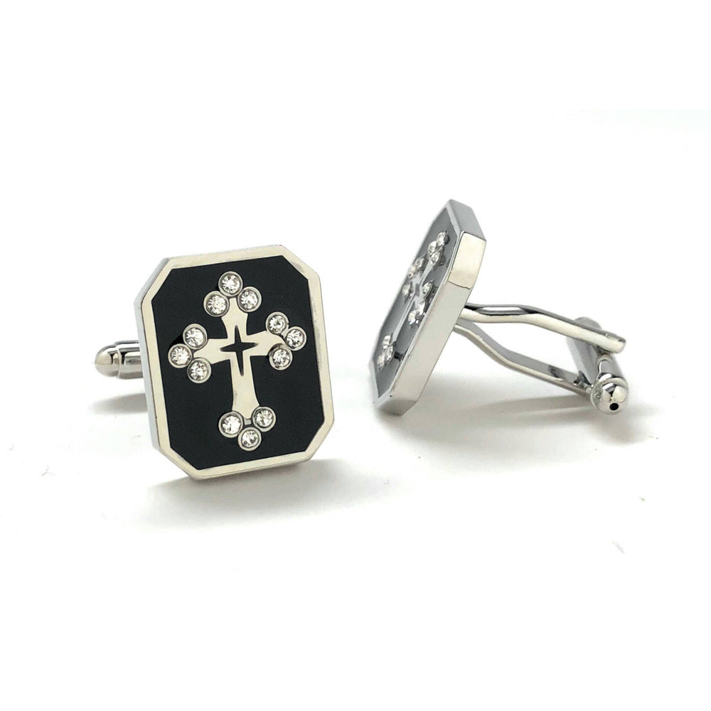 Black Enamel Crystal Cross Cufflinks Orthodox Religion Christian Symbols Cuff Links Comes with Gift Box Image 2
