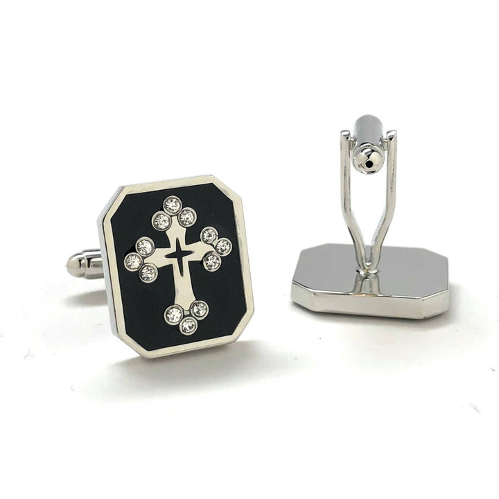Black Enamel Crystal Cross Cufflinks Orthodox Religion Christian Symbols Cuff Links Comes with Gift Box Image 3