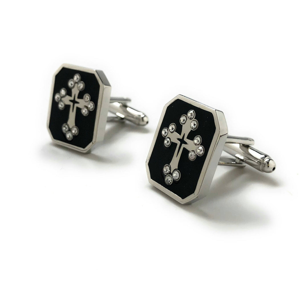 Black Enamel Crystal Cross Cufflinks Orthodox Religion Christian Symbols Cuff Links Comes with Gift Box Image 4