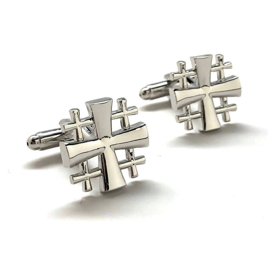 Jerusalem Cross Cufflinks Cut Out Design Silver Tone 3D Christian Faith Religious Gospel Greek Crosses Cool Cuff Links Image 1