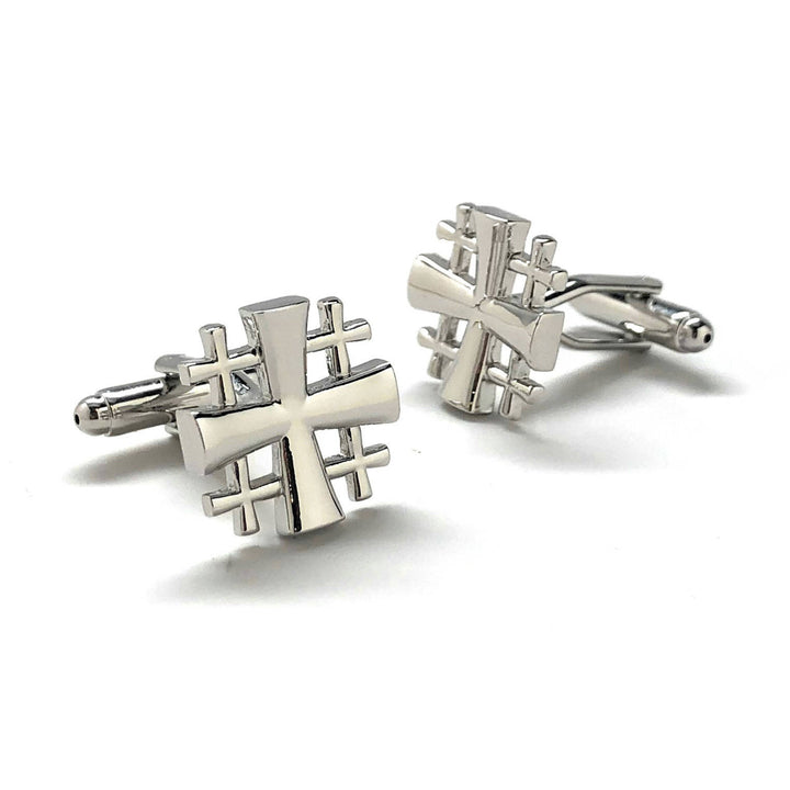 Jerusalem Cross Cufflinks Cut Out Design Silver Tone 3D Christian Faith Religious Gospel Greek Crosses Cool Cuff Links Image 2