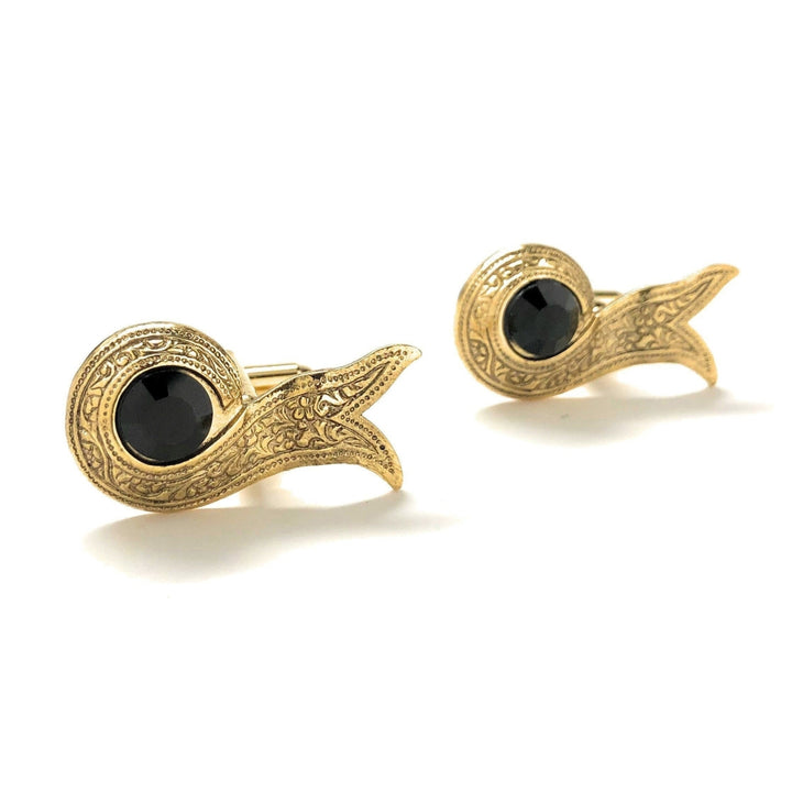 Persian Ribbon Cufflinks Embossed Gold Tone Black Crystal Cuff Links Image 1