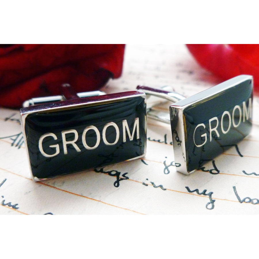 Groom Cufflinks Wedding Jewelry for Men Gift for Groom Black Enamel with Silver Tone Cuff Links Great for Weddings Big Image 1