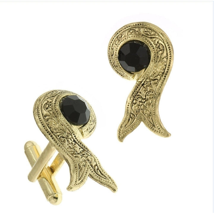 Persian Ribbon Cufflinks Embossed Gold Tone Black Crystal Cuff Links Image 4