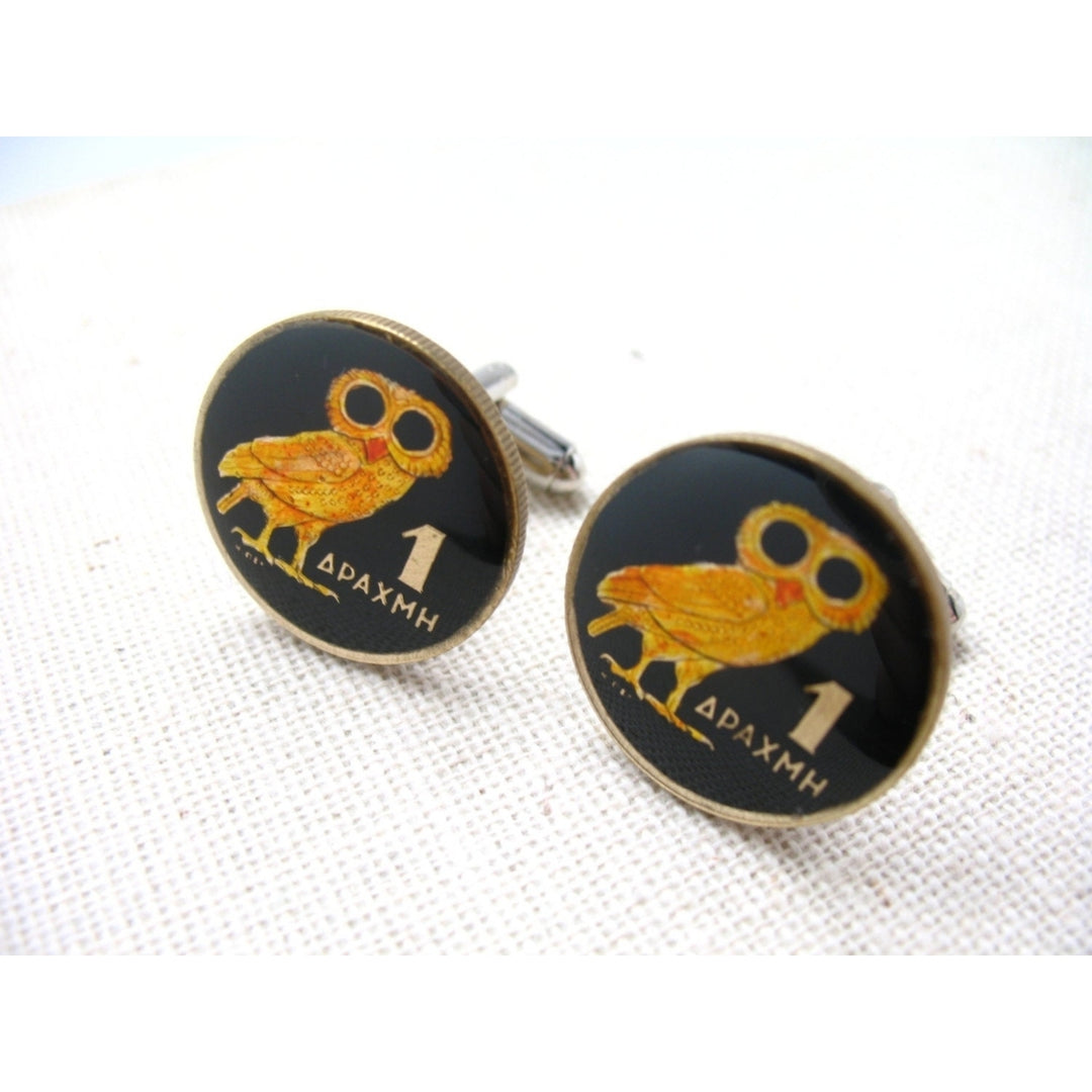 Enamel Cufflinks Hand Painted Greek Greece Athens Enamel Coin Jewelry Owl Bird Cuff Links Black Harry Potter Hogwarts Image 1