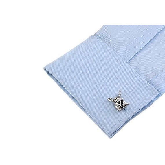 Silver Tone Pirate Skull Cufflinks Ahoy Matey Pirate Skeleton Crossed Swords Cufflinks Cuff Links Image 3