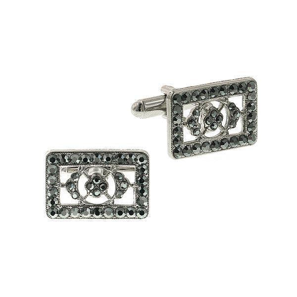 Silver Hematite Color Stone Cufflinks Center Rectangle Black Crystal Gem Accents Cufflinks Cuff Links Image 1