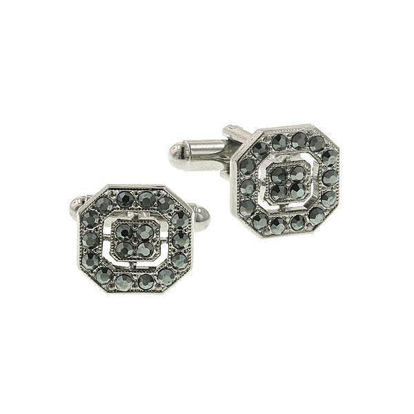 Silver Hematite Color Stone Cufflinks Center Octagon Black Crystal Gem Accents Cufflinks Cuff Links Image 1