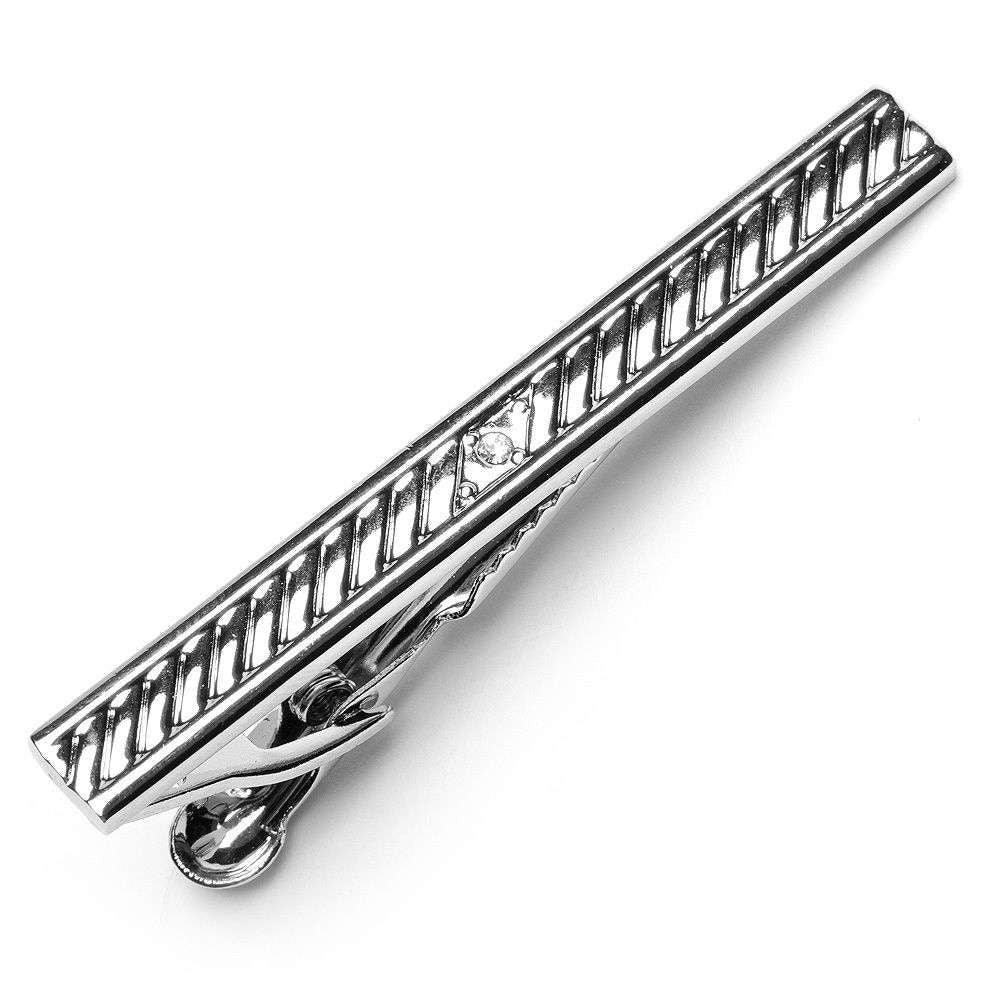 Silver Striped Ridged Small Crystal Executive Tie Clip Tiebar Bar Formal Wear Image 1