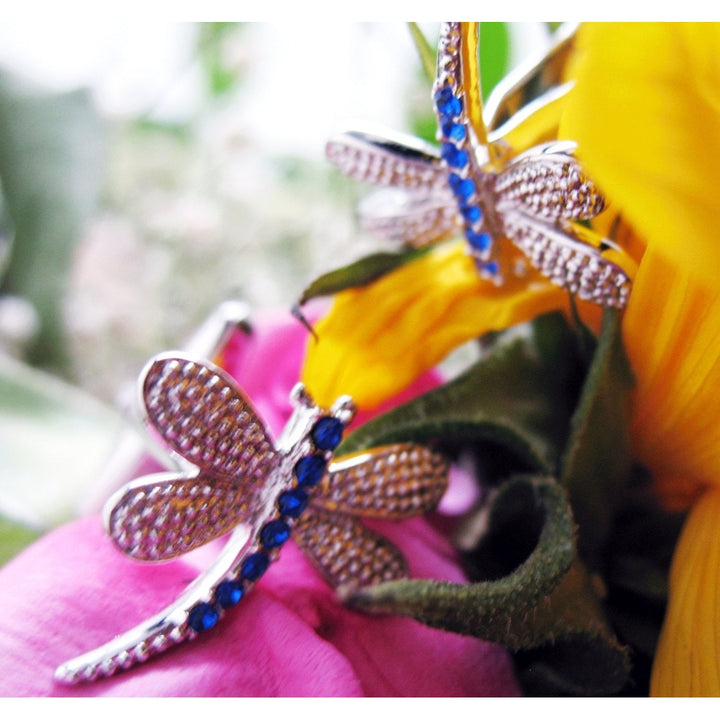 Crystal Dragonfly Cufflinks Silver Toned Navy Blue Dragonfly Bug Cuff Links Image 3