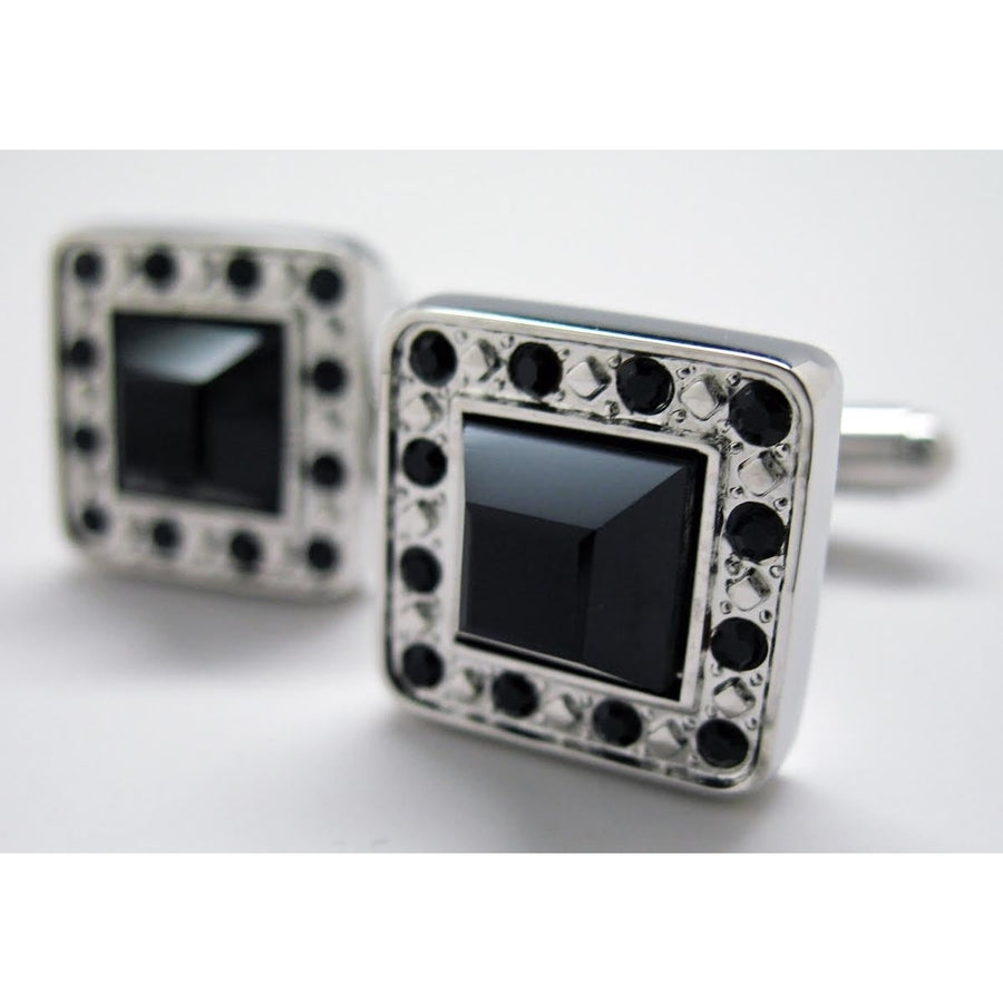 Silver Jet Stone Cufflinks Center Square Black Crystal Gem Accents Cufflinks Cuff Links Image 1