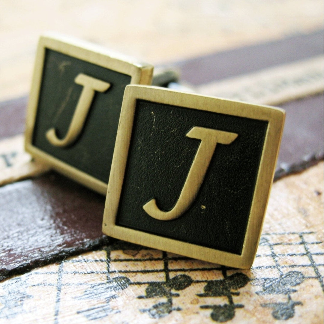 J Initial Cufflinks Antique Brass Square 3-D Letter Vintage English Lettering Cuff Links Groom Father Bride Wedding Box Image 1