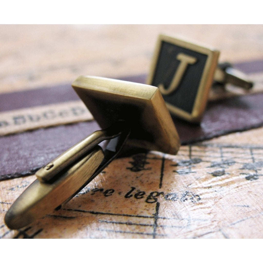 J Initial Cufflinks Antique Brass Square 3-D Letter Vintage English Lettering Cuff Links Groom Father Bride Wedding Box Image 2