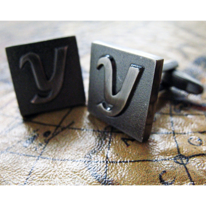 Y Initial Cufflinks Gunmetal Square 3-D Letter Vintage Letters Gunmetal Wedding Cuff Links Groom Father Bride Wedding Image 4