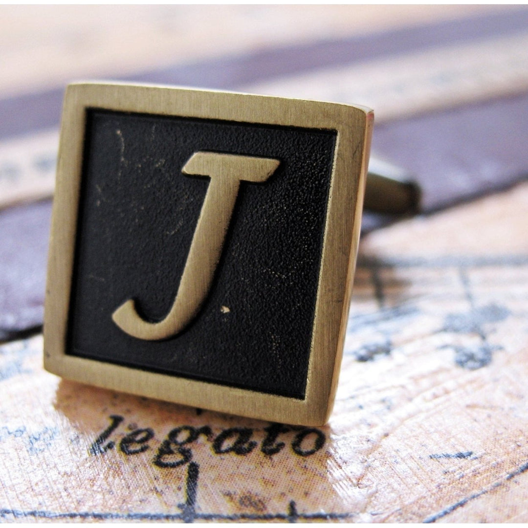 J Initial Cufflinks Antique Brass Square 3-D Letter Vintage English Lettering Cuff Links Groom Father Bride Wedding Box Image 3