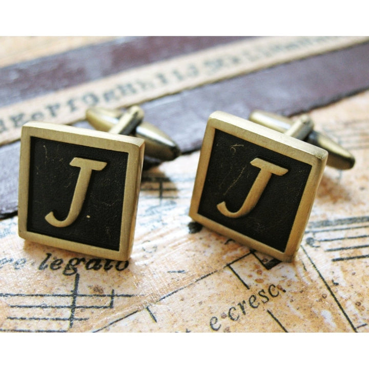 J Initial Cufflinks Antique Brass Square 3-D Letter Vintage English Lettering Cuff Links Groom Father Bride Wedding Box Image 4