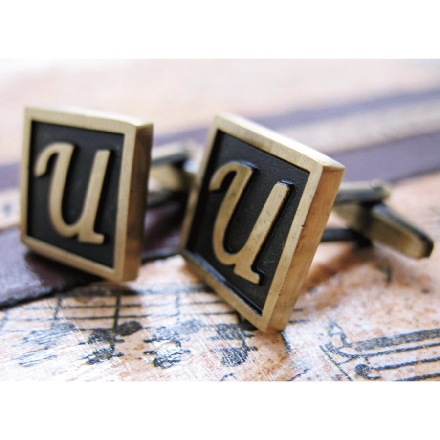 U Initial Cufflinks Antique Brass Square 3-D Letter U Vintage English Lettering Cuff Links Groom Father Bride Wedding Image 1