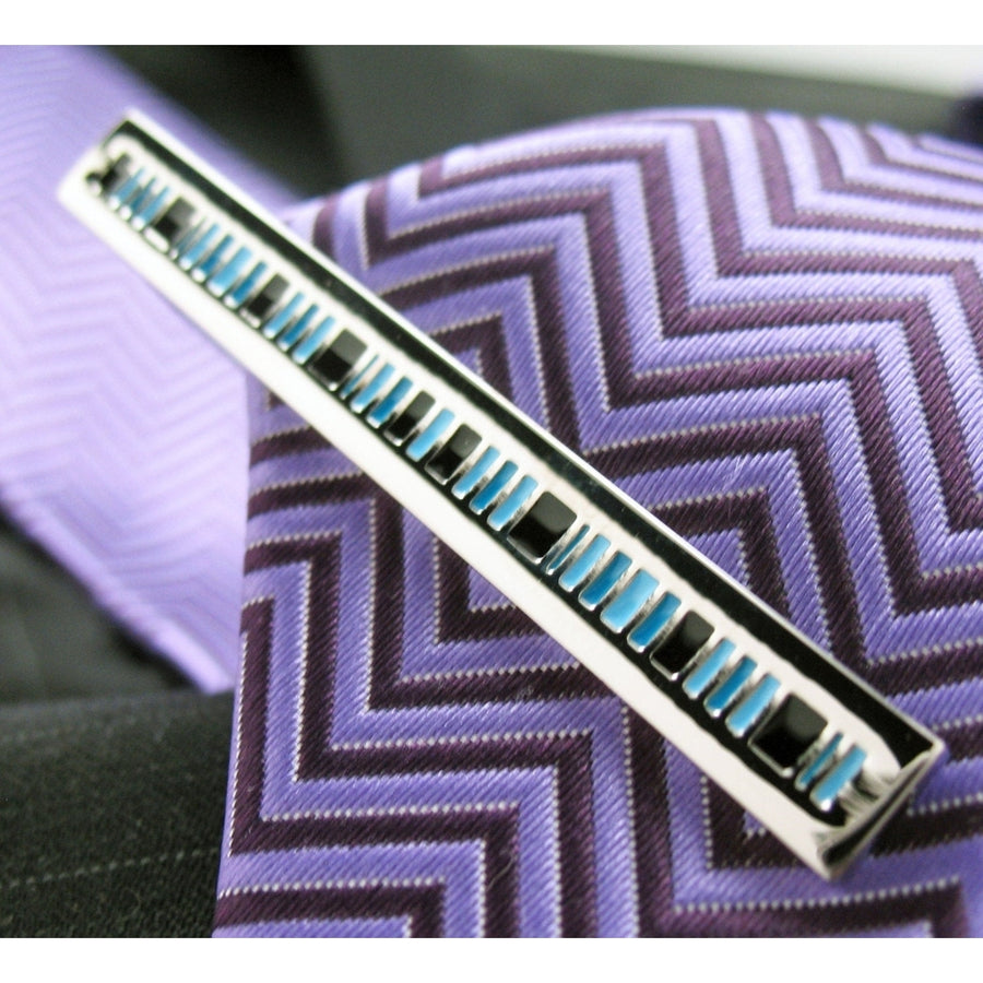 Blue Black Silver Keyboard Stripes Tie Bar Silver Black Blue Inlays Men Tie Clip stocking stuffer Image 1