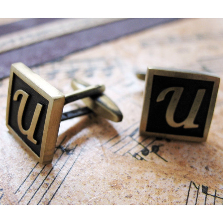 U Initial Cufflinks Antique Brass Square 3-D Letter U Vintage English Lettering Cuff Links Groom Father Bride Wedding Image 3