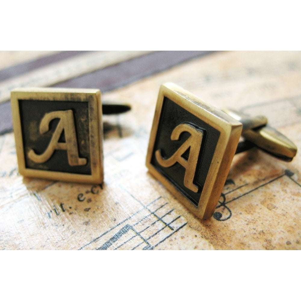 A Initial Cufflinks Antique Brass Square 3-D Letter A Lettering English Vintage Cuff Links Groom Father Bride Wedding Image 2