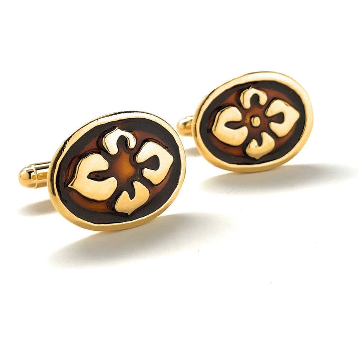 Summer Cufflinks Bloom Flowers Gold Cufflinks Oval Maroon Enamel Cuff Links Image 4