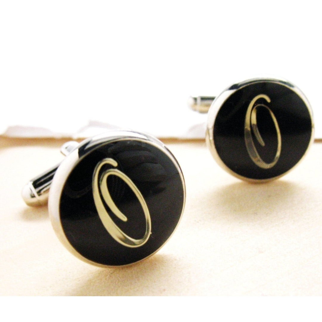 O Cufflinks Silver Toned Round Black Enamel Script Letters Personalized Wedding Cuff Links Gift Box Father s Day Image 1