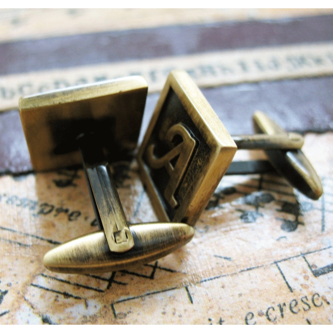A Initial Cufflinks Antique Brass Square 3-D Letter A Lettering English Vintage Cuff Links Groom Father Bride Wedding Image 4