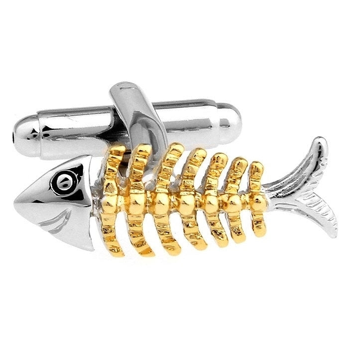 All Over Gold With Silver Skinny Bones Fish Cufflinks Skeletal Anthropology Cuff Links Image 1