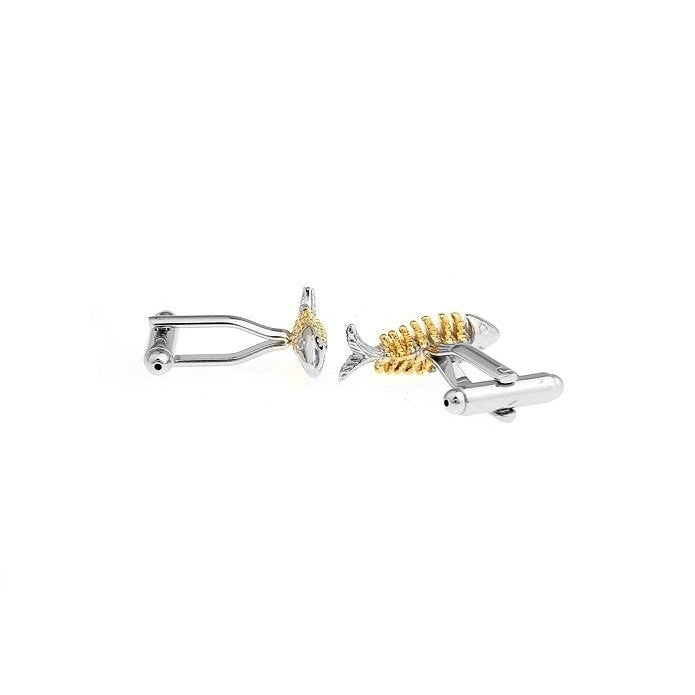 All Over Gold With Silver Skinny Bones Fish Cufflinks Skeletal Anthropology Cuff Links Image 2