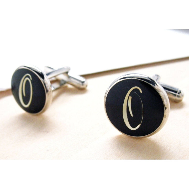 O Cufflinks Silver Toned Round Black Enamel Script Letters Personalized Wedding Cuff Links Gift Box Father s Day Image 3