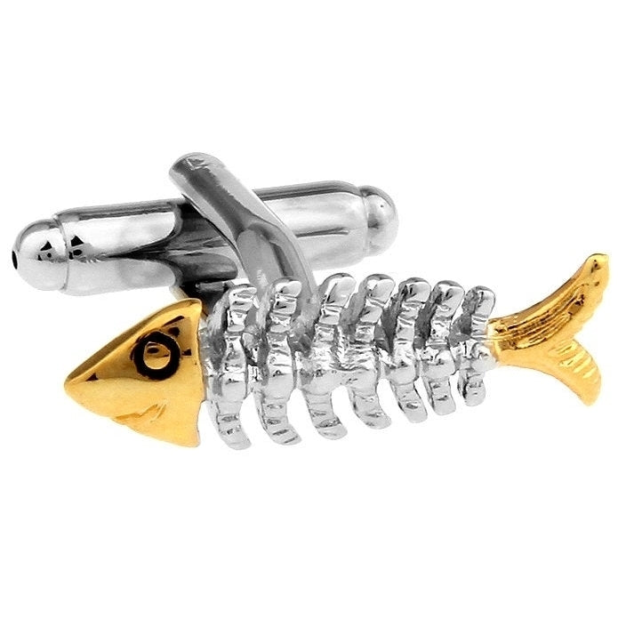 Silver Head Skinny Gold Bones Fish Cufflinks Skeletal Anthropology Cuff Links Image 1