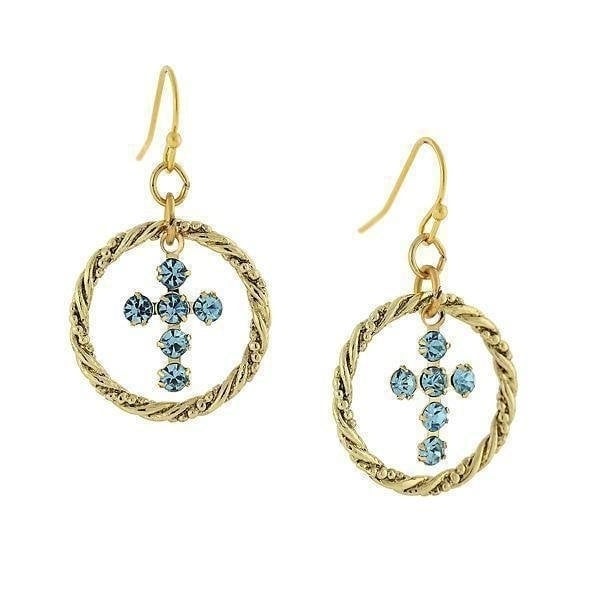 Gold Cross hoops Aqua Blue Shimmering Crystals Religious Faith Collection Jewelry Image 1