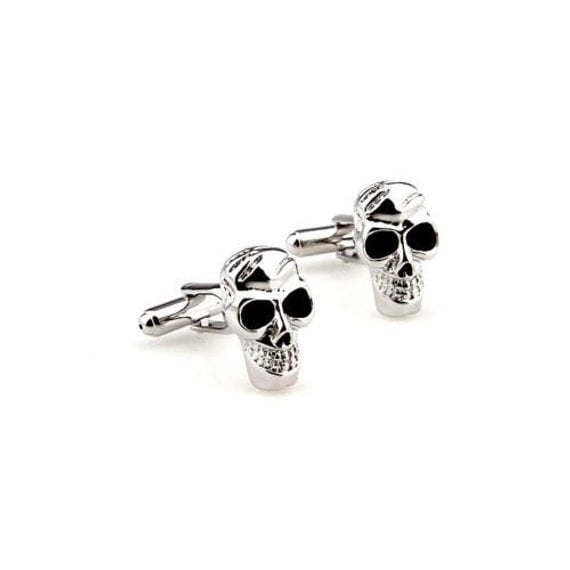 Silver Tone Skull Cuff Links Endless Black Eyes Skeleton Head Halloween Cufflinks Image 2