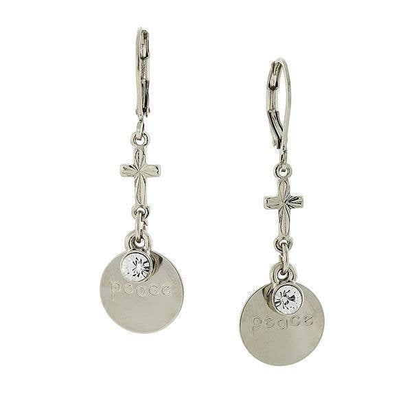 Earrings Silver Cross Earrings Crystal Drop Etched with Mantra "Love" "Peace" "Hope" "Believe" Religious Faith Image 3