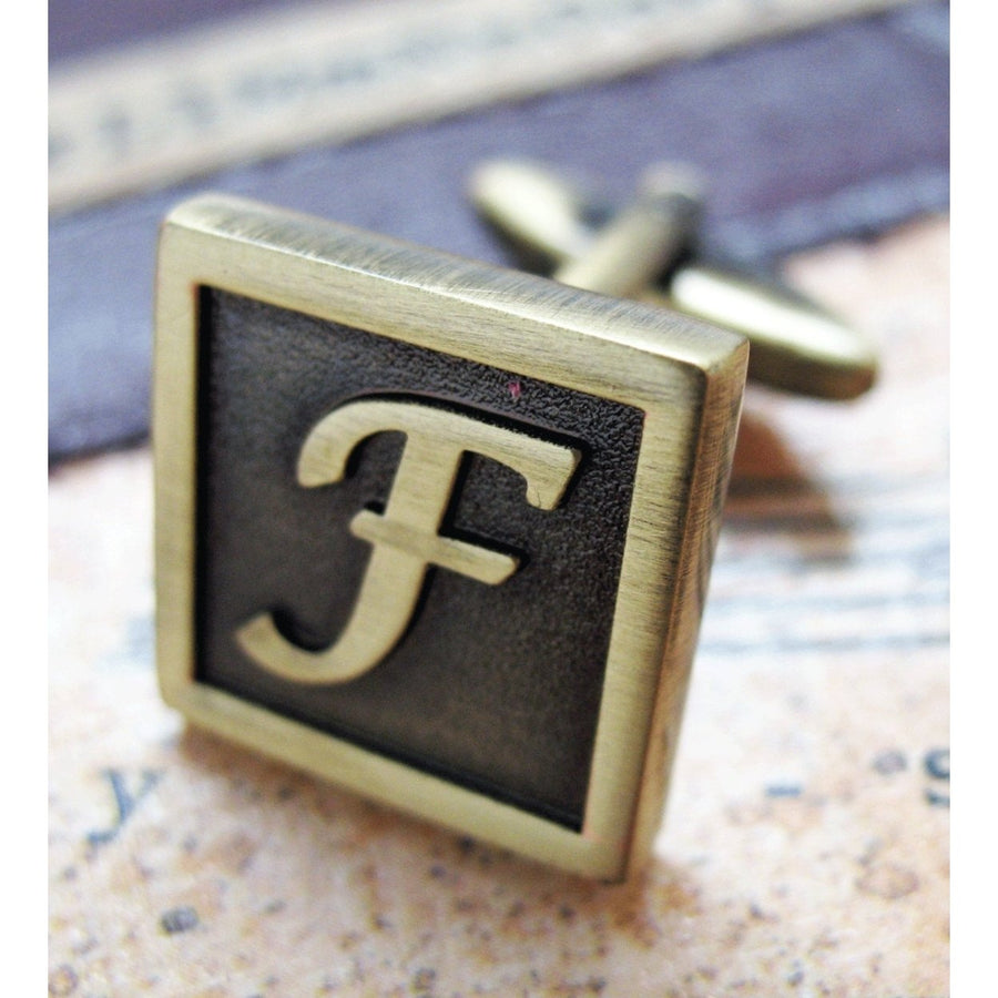 F Initial Cufflinks Antique Brass Square 3-D Letter F Vintage English Lettering Cuff Links for Groom Father of the Image 1