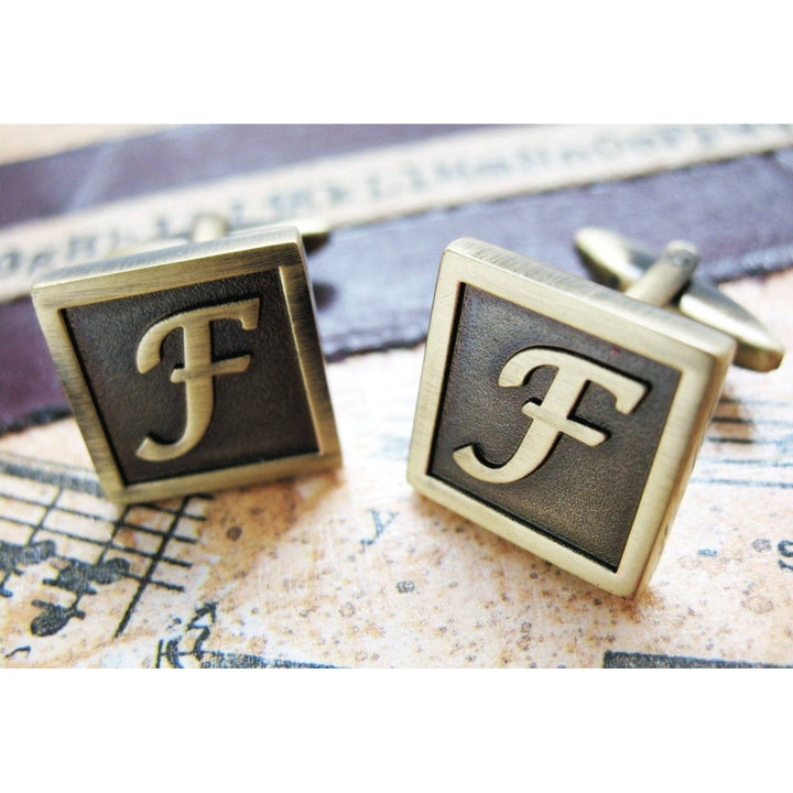 F Initial Cufflinks Antique Brass Square 3-D Letter F Vintage English Lettering Cuff Links for Groom Father of the Image 2