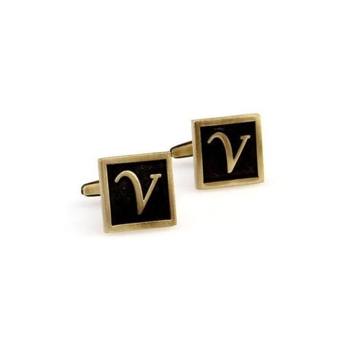 V Initial Cufflinks Antique Brass Square 3-D Letter Vintage English Lettering Cuff Links Groom Father of Bride Wedding Image 4