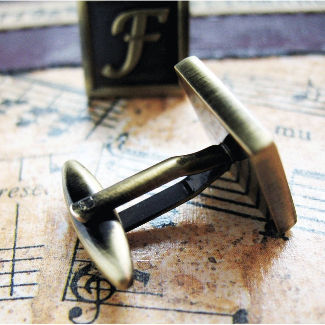 F Initial Cufflinks Antique Brass Square 3-D Letter F Vintage English Lettering Cuff Links for Groom Father of the Image 3