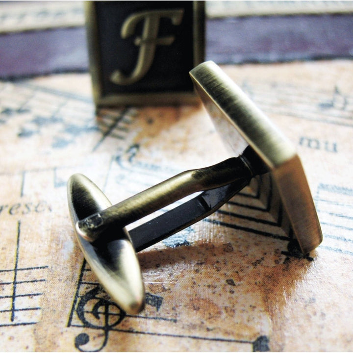 F Initial Cufflinks Antique Brass Square 3-D Letter F Vintage English Lettering Cuff Links for Groom Father of the Image 3