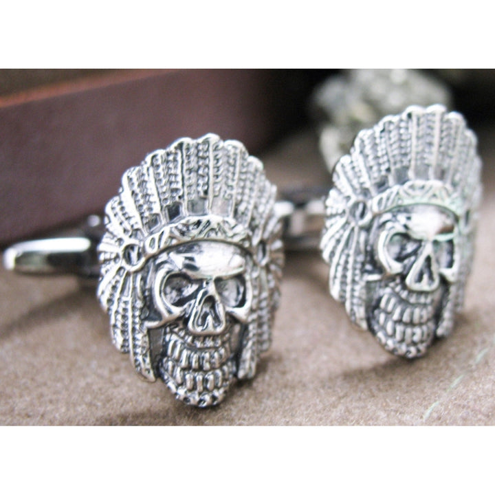 Old Warrior Chief Full Head Dress Skull Head Cufflinks Cuff Links Image 1