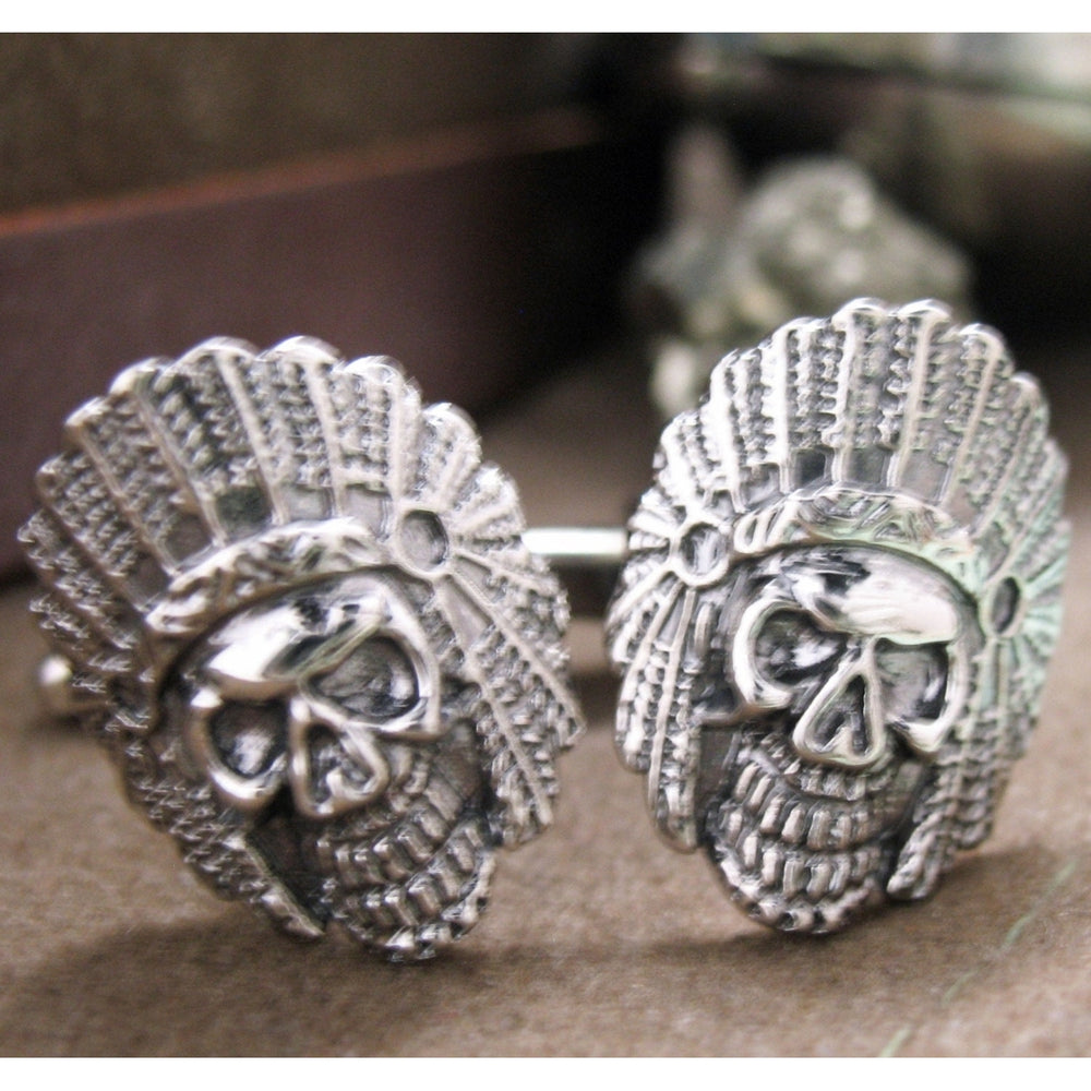 Old Warrior Chief Full Head Dress Skull Head Cufflinks Cuff Links Image 2