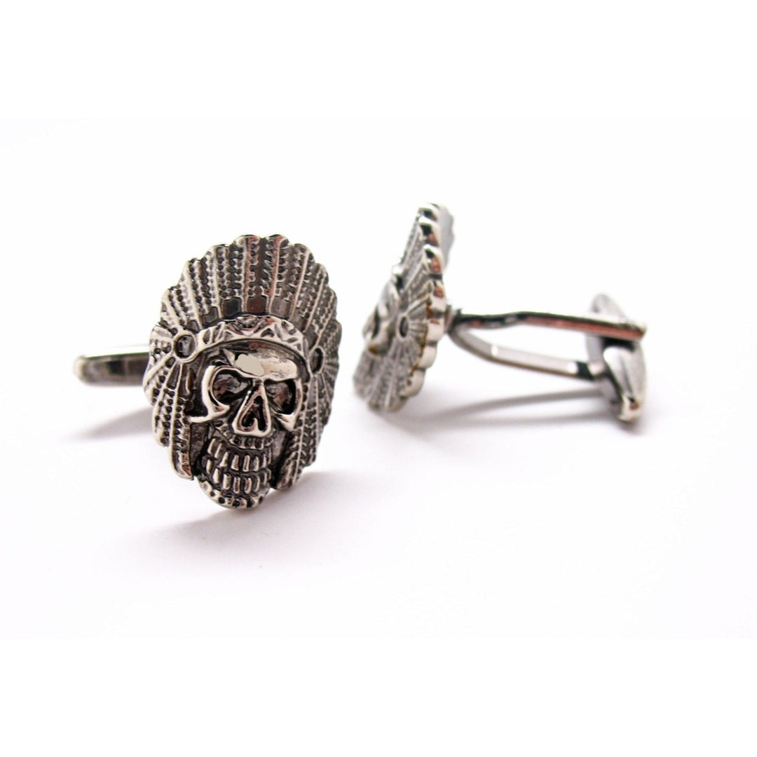 Old Warrior Chief Full Head Dress Skull Head Cufflinks Cuff Links Image 4