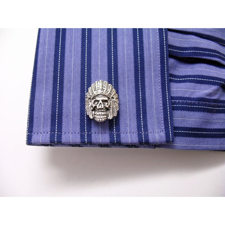 Old Warrior Chief Full Head Dress Skull Head Cufflinks Cuff Links Image 4