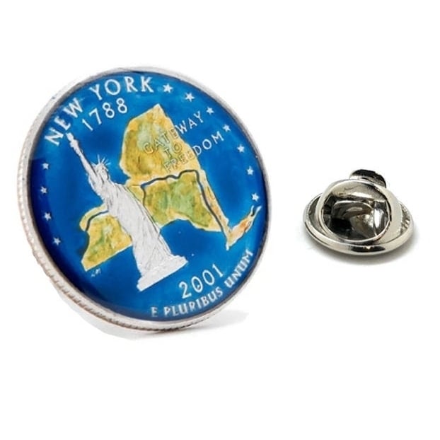 Enamel Pin Hand Painted York State Quarter Enamel Coin Lapel Pin Tie Tack Collector Pin Travel Souvenir Blue Coin Image 1