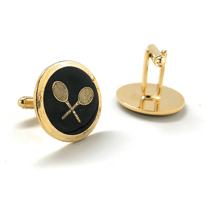 Professional Tennis Racket Cufflinks Round Gold Tone with Black Enamel Ace Serve Classic Retro Vibe Very Cool Cuff Links Image 3