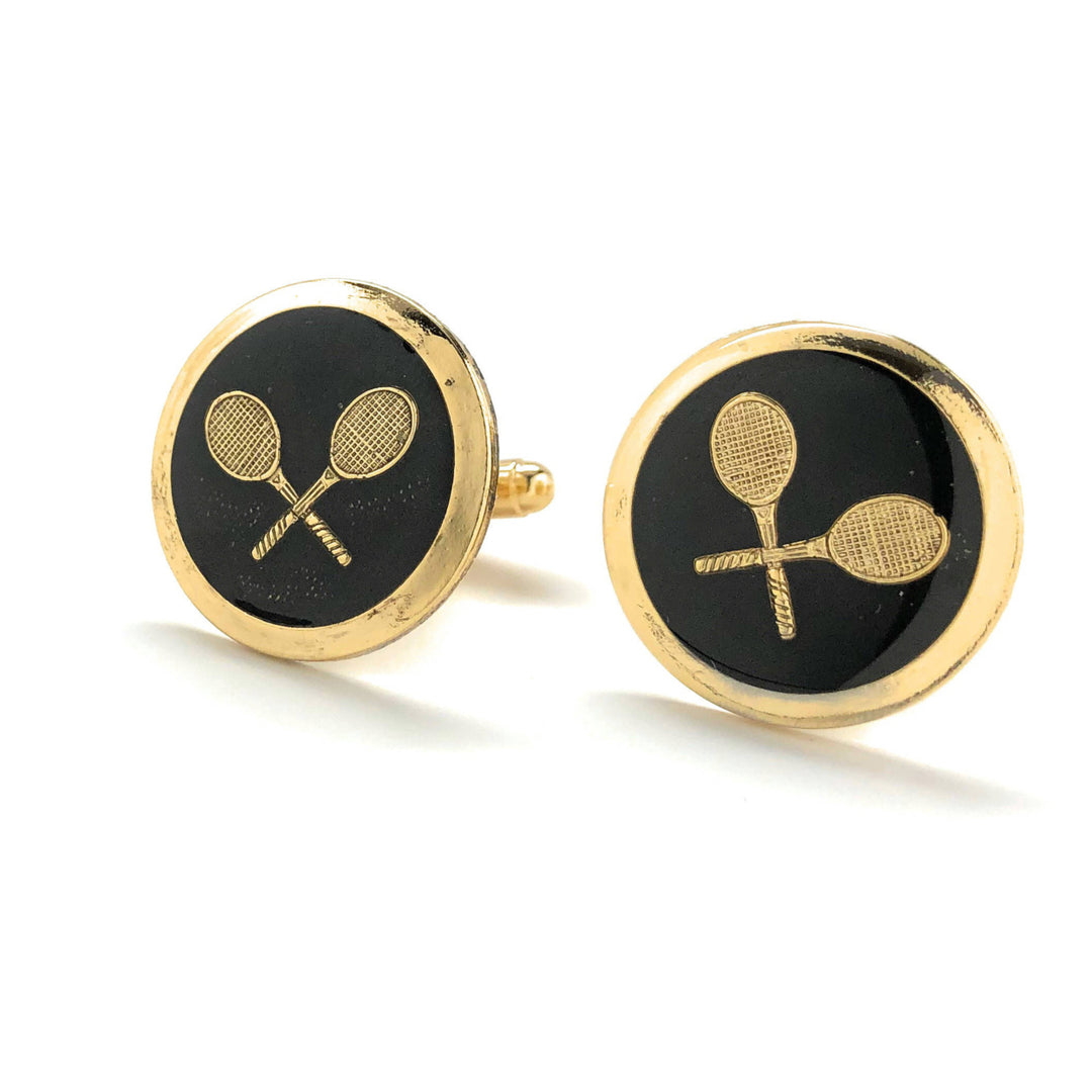 Professional Tennis Racket Cufflinks Round Gold Tone with Black Enamel Ace Serve Classic Retro Vibe Very Cool Cuff Links Image 4